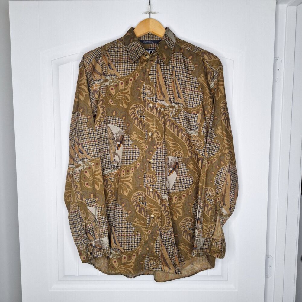 Vintage Nautica Shirt Mens Medium Brown Paisley Sail Boat All Over Print